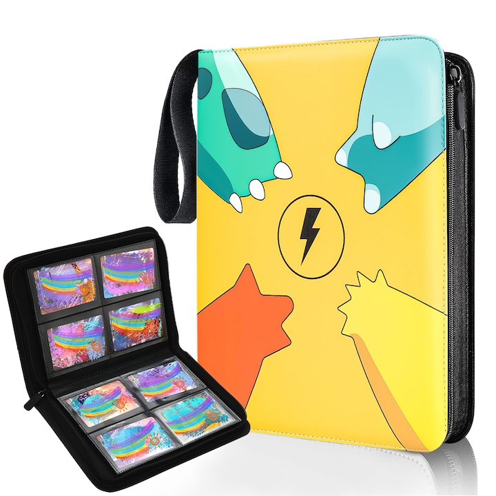 Албум за карти Pokémon, дизайн с цип, албум за карти Pokémon, 4 отделения, 50 страници, за 400 карти, устойчив на износване, водоустойчив
