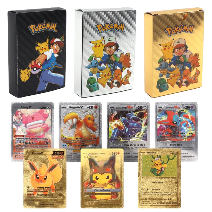 Set 3 pachete carti Pokemon, 165 bucati cartonase Pokemon, Joc de carti Pokemon, carti de joc Pikachu, 6 ani+, Negru/Auriu/Argintiu