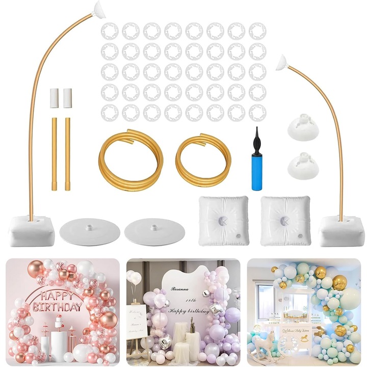 Стойка за балони за под, Полудъгова колона, Гъвкава, Регулируема, За многократна употреба, С основа, За сватба, Кръщене, Годишнина, Дипломиране, Златист, 2,5 м, 1,5 м