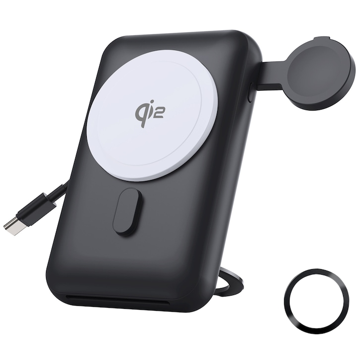 Акумулатор И Външна Батерия ESL By Essential Level®, Qi2 Сертифицирана Безжична Магнитна Външна Батерия Със Сгъваема Стойка 10000 mAh, Бързо Зареждане 15W PD 20W, LED Индикатор, Преносима Външна Батерия, MagSafe iPhone И Apple Watch, Магнитен Пръстен