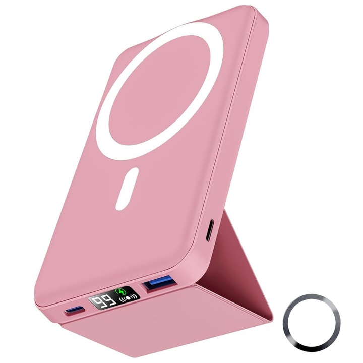 ESL от Essential Level® Сгъваема магнитна безжична външна батерия, 10000 mAh, 15 W бързо зареждане PD 22.5 W, Power Bank с LED дисплей за батерията, съвместима с iPhone 16/15/14/13Pro/Mini/Pro Max, магнитен пръстен, розов