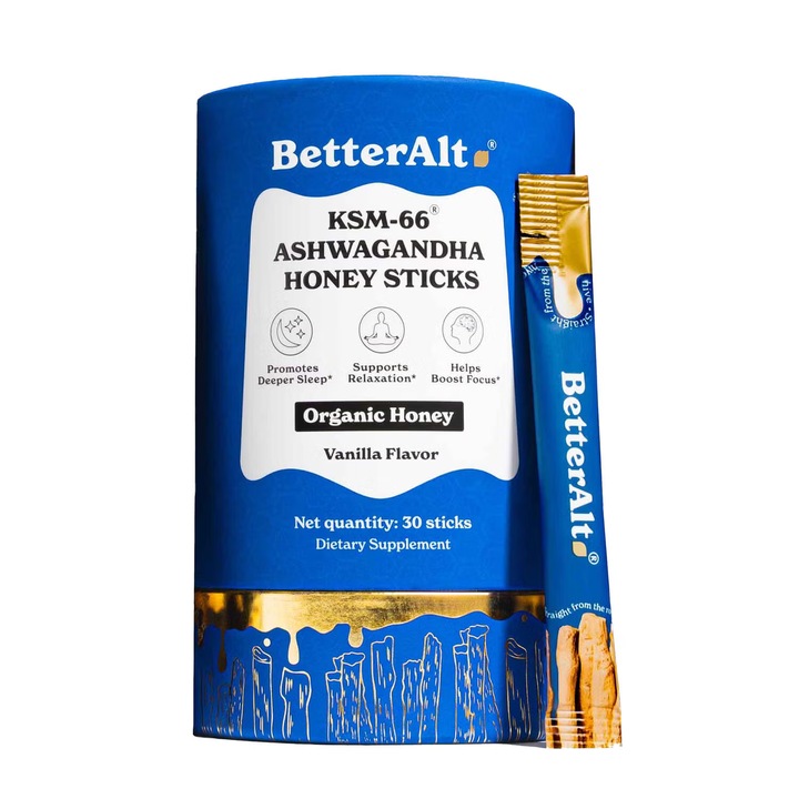 BETTER ALT® KSM-66 Ashwagandha Honey Sticks, pliculete de ashwagandha si miere, 30 pliculete
