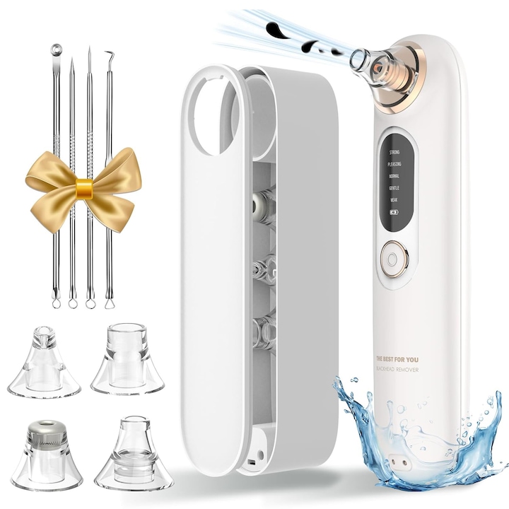 Aparat indepartat puncte negre, cu vacuum, 5 Puteri ajustabile, 4 capete, Incarcare USB, 4 instrumente metalice incluse, Pentru ingrijire faciala, Alb