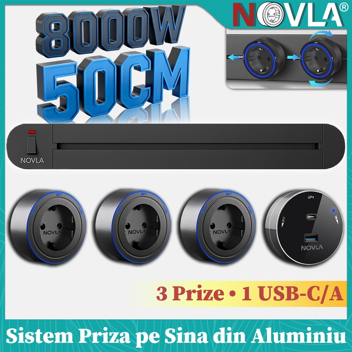 Sistem Priza Mobila pe Sina Modulara, NOVLA, Priza Modulara cu Sina Aluminiu 50cm, 3xPrize 230V 16A + 1xUSB-C/A, Buton ON/OFF Individual, Design Modern, Negru - Suporta 8000W, Pentru Gaming, Birou, Bucatarie, Atelier, Living, Montaj Simplu