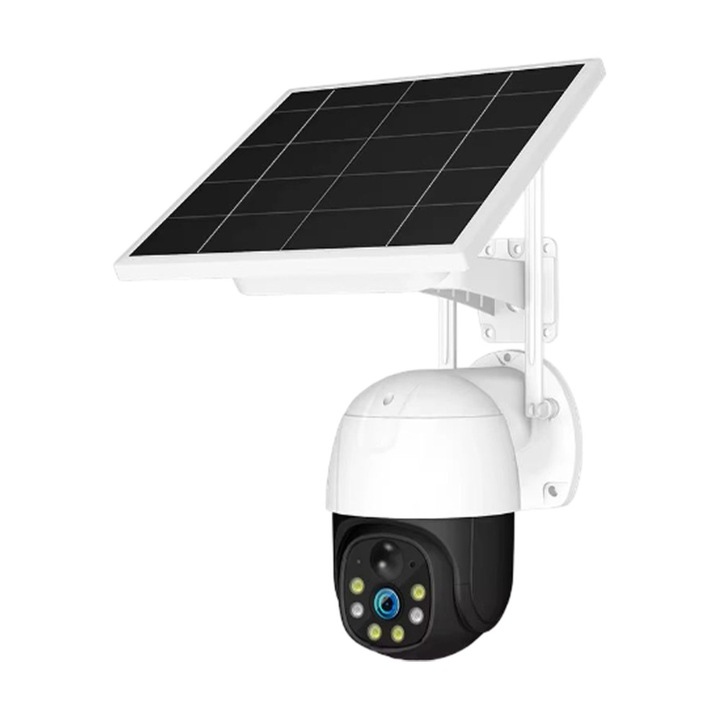 4G Външна камера за видеонаблюдение, OPTIM SOLUTION, Full HD 1080P / 4MP, Вграден соларен панел, IR нощно виждане, PIR сензор, Автоматично проследяване на движение, Двупосочно аудио, Водоустойчивост IP65, Пълна автономност, XEG, Бяла