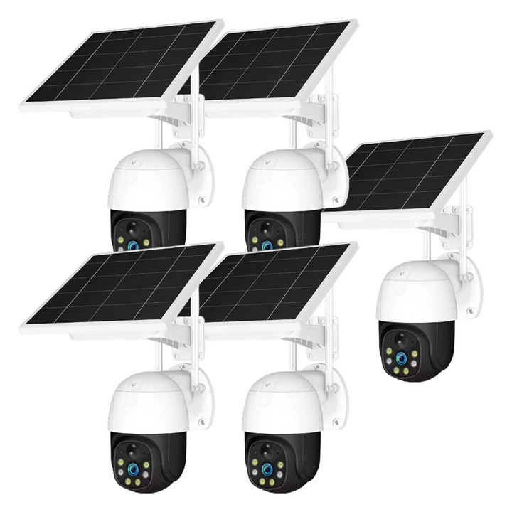 5 db 4G kültéri megfigyelőkamera szett, OPTIM SOLUTION, Full HD 1080P / 4MP, integrált napelem, infravörös éjjellátó, PIR érzékelő, automatikus mozgáskövetés, kétirányú hang, IP65 vízállóság, teljes autonómia, alkalmazásvezérlés, XEG, fehér
