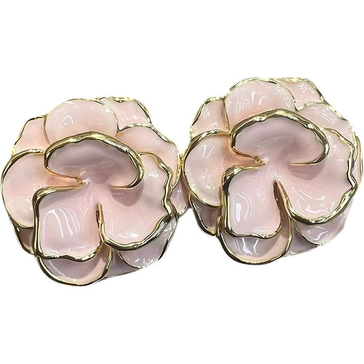 Cercei handmade cu camelii 3D roz, placare aur, design frantuzesc retro - Moda primavara-vara 2025