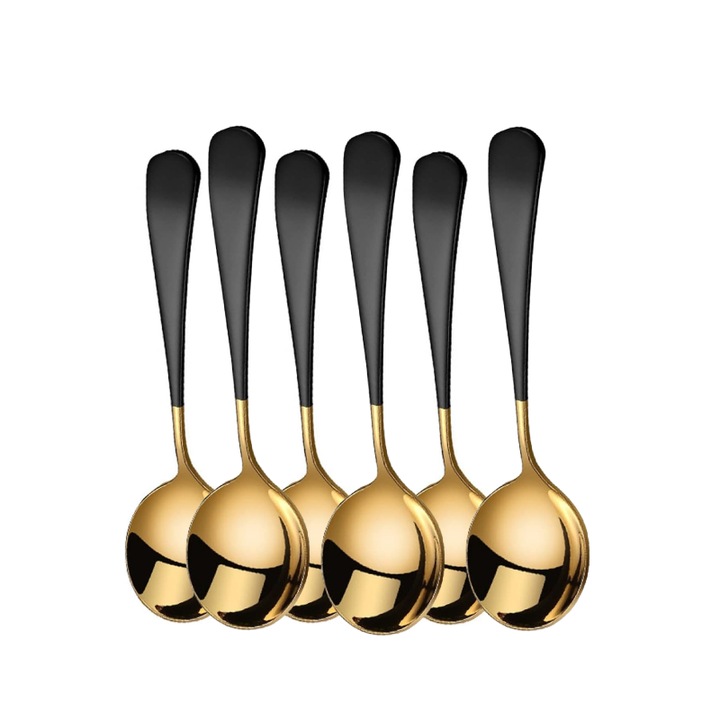 Set 6 Lingura din inox PURONSA 304, 3.5 mm, Negru-Auriu, Design elegant, Calitate Premium