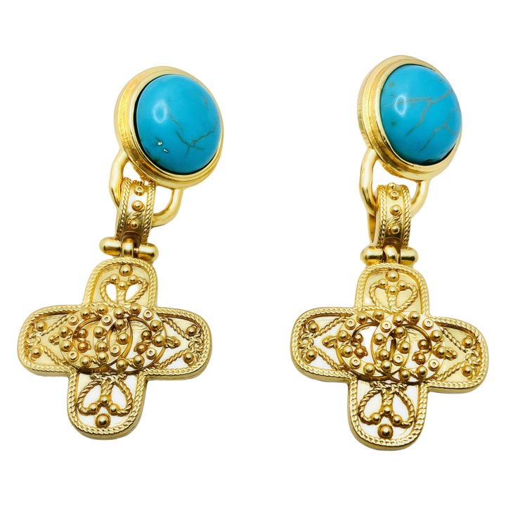 Ексклузивни обеци с тюркоазен кръст и 18K злато - Ретро дизайн за партита и срещи, Мода 2025