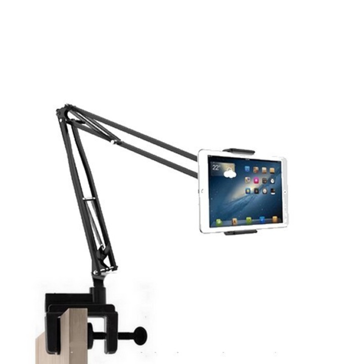 Suport tableta SkyTechs® brat metalic rezistent pentru tableta rotativ 360° suport flexibil cu clema de montare pe masa 3-in-1 utilizare pe birou si pat