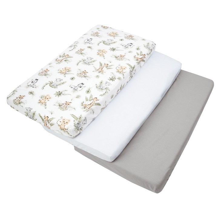 Set de 3 piese Cearsaf cu elastic pentru patut, Medi Partners, 60x120cm, Bumbac, Model de Safari, Bej/Gri