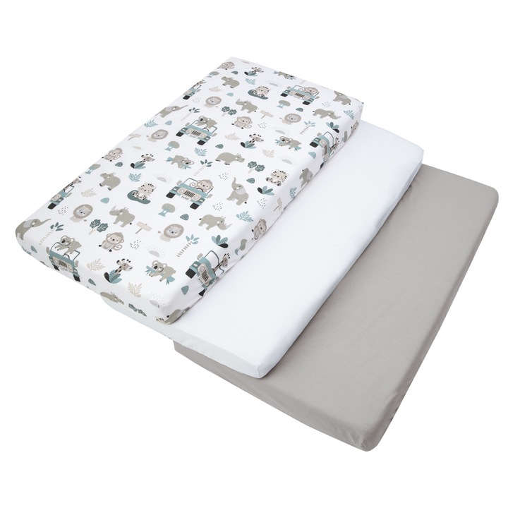 Set de 3 piese Cearsaf cu elastic pentru patut, Medi Partners, 60x120cm, Bumbac, Model de Gradina Zoologica de menta, Bej/Alb