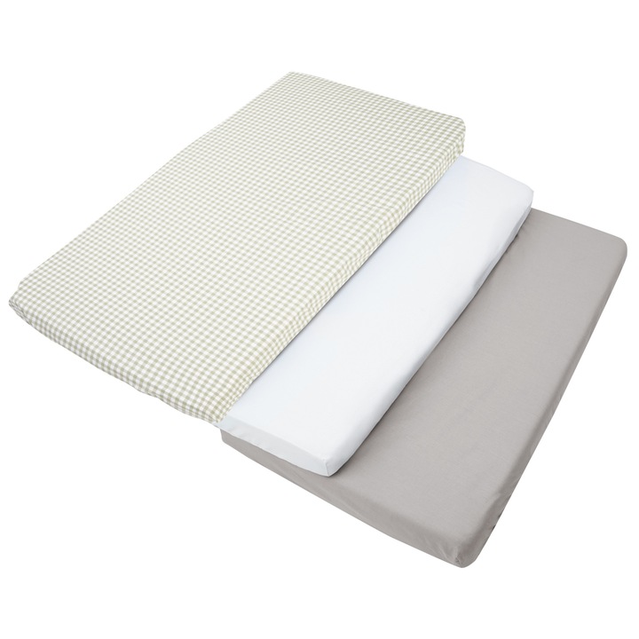 Set de 3 piese Cearsaf cu elastic pentru patut, Medi Partners, 60x120cm, Bumbac, Model de Grila, Verde/Menta