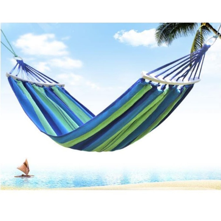 Памучен хамак, за двама души, товароносимост до 180 кг, размер 260 x 150 см, въжета за закрепване към дърветата, калъф, син