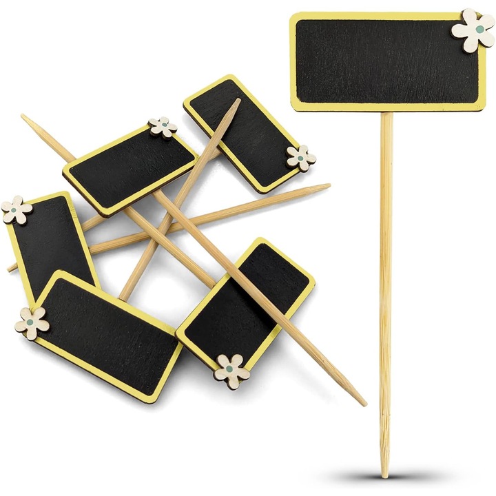 Set Etichete Pentru Plante, Netuno, Lemn, Dimensiuni 15 cm x 6 cm, Utilizare Versatila, Semne Decorative, Negru/Gelben, 12 buc