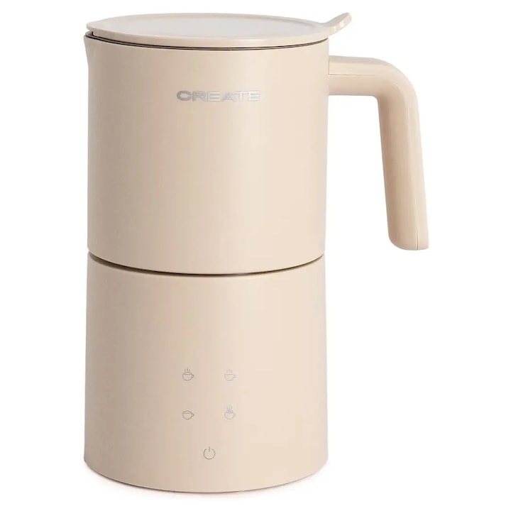 Aparat de spumare lapte CREATE, Milk Frother Studio Pro, 620 ml, 4 programe, preparare bauturi reci/calde, piese lavabile in masina de spalat vase, panou senzor touch, potrivit pentru latte, cappuccino, ciocolata calda, 450 W, bej