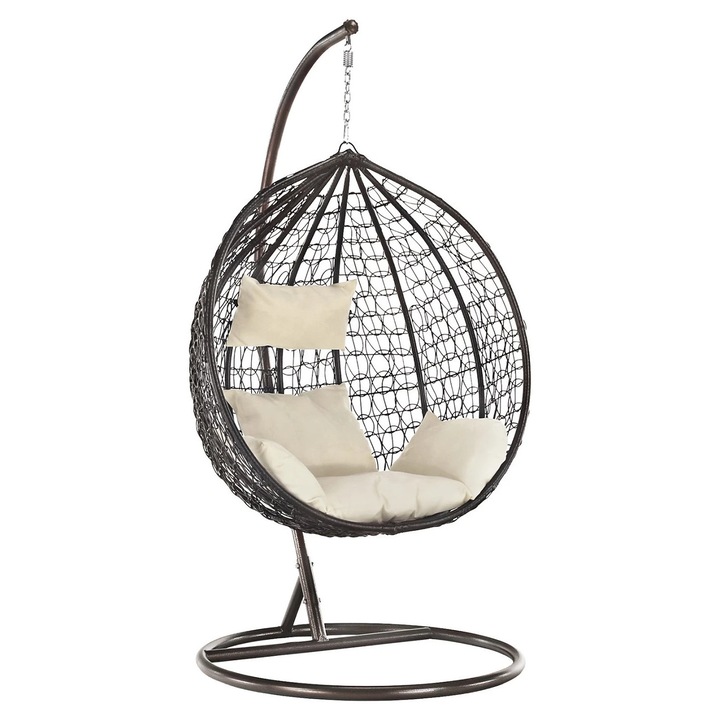 Leagan De Tip Cuib Suspendat, Balansoar Cu Structura Metalica, Hamac Cu Impletitura Din Rachita, Fotoliu Leagan Cu Perne Moi, Rezistente La UV, Ideal Pentru Interior, Terasa Sau Gradina, Balansoar Hamac Confortabil, Culoare Maro/Crem