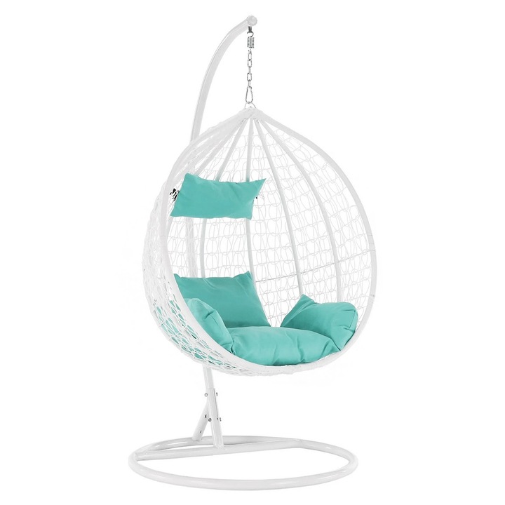 Leagan De Tip Cuib Suspendat, Balansoar Cu Structura Metalica, Hamac Cu Impletitura Din Rachita, Fotoliu Leagan Cu Perne Moi, Rezistente La UV, Potrivit Pentru Interior, Terasa Sau Gradina, Balansoar Hamac Elegant Si Confortabil, Culoare Alb/Verde