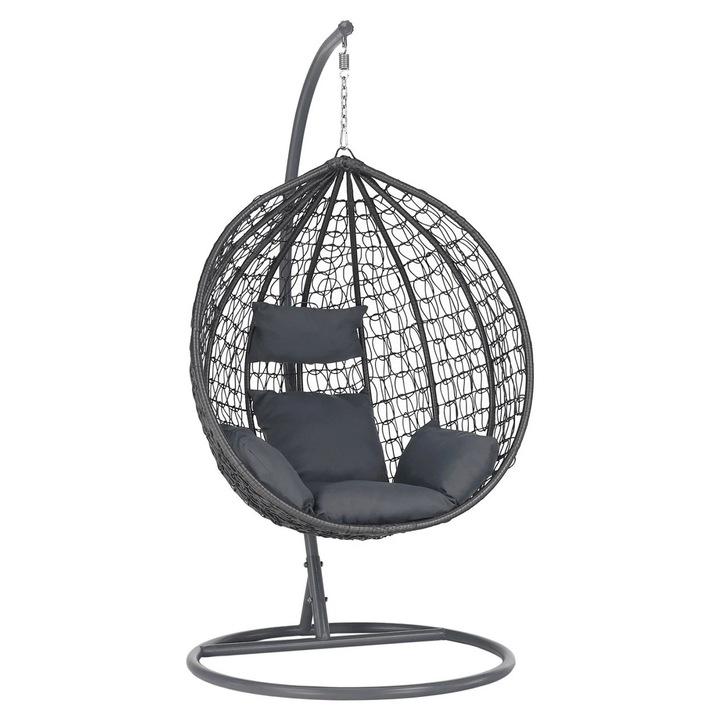 Leagan De Tip Cuib Suspendat, Balansoar Cu Structura Metalica, Hamac Cu Impletitura Din Rachita, Fotoliu Leagan Cu Perne Moi, Rezistente La UV, Potrivit Pentru Interior, Terasa Sau Gradina, Balansoar Hamac Elegant Si Confortabil, Culoare Gri