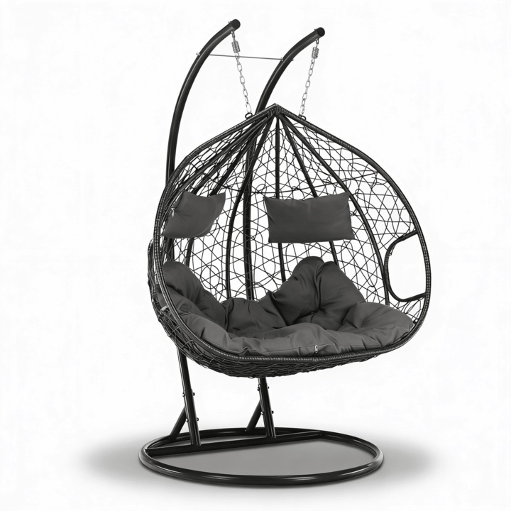 Leagan De Tip Cuib Dublu Suspendat, TOPSCAUNE®, Balansoar Cu Structura Metalica Solida, Hamac Cu Impletitura Din Rachita, Fotoliu Leagan Pentru Doua Persoane, Cu Perne Moi Rezistente La UV, Ideal Pentru Interior, Terasa Sau Gradina, Balansoar Gri Modern