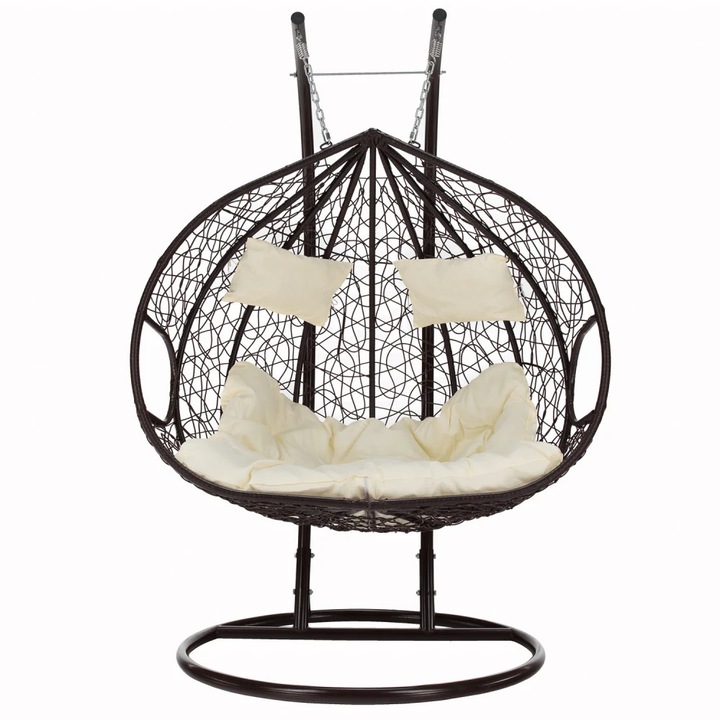 Fotoliu leagan dublu, suspendat, cu perne moi, rezistente la UV, impletitura tip rachita, structura metalica, pentru interior si exterior, Maro/Crem