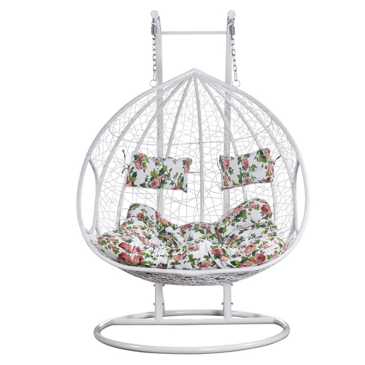 Leagan De Tip Cuib Dublu Suspendat, Balansoar Cu Structura Metalica Solida, Hamac Cu Impletitura Din Rachita, Fotoliu Leagan Pentru Doua Persoane, Cu Perne Moi Rezistente La UV, Ideal Pentru Interior, Terasa Sau Gradina, Balansoar Hamac Alb Floral