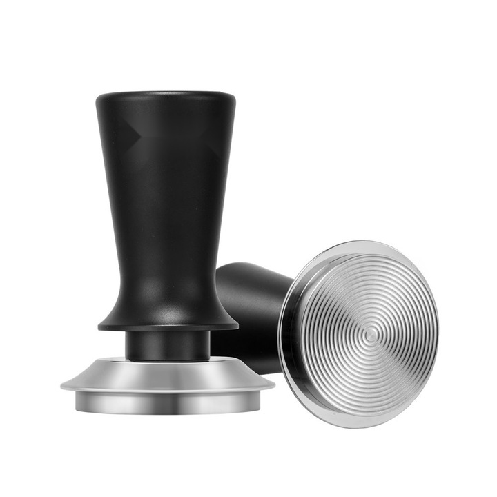 Tamper Espresso din Otel Inoxidabil, 58 mm, cu Arc, Rezistent la Coroziune, Maner Ergonomic, Negru/Argintiu
