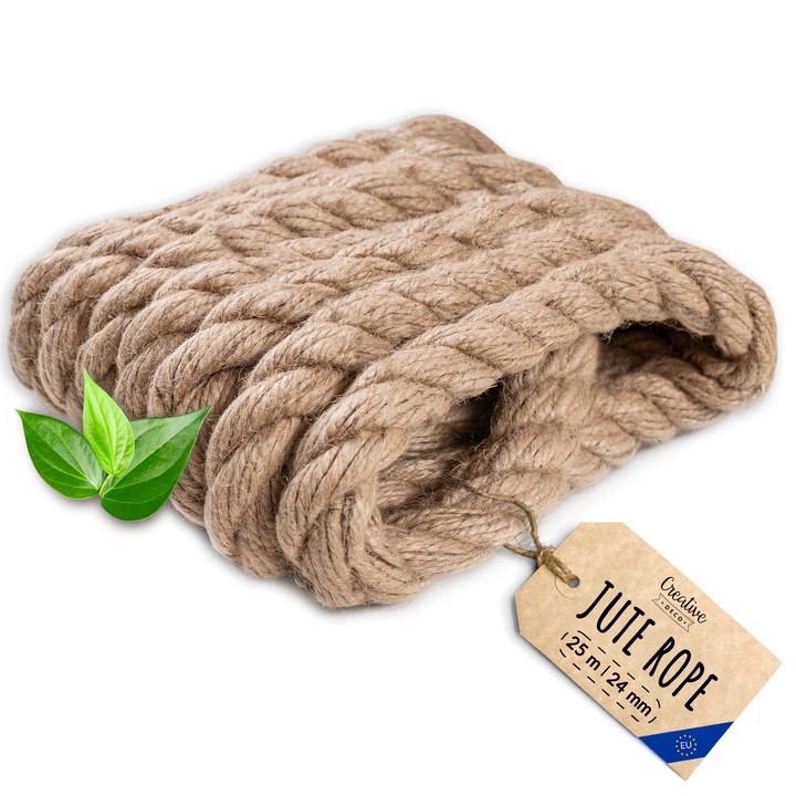 Sfoara din iuta Creative Deco 25m, grosime 24mm, franghie durabila impletita, maro natural, pentru DIY, gradinarit, stalpi pentru pisici