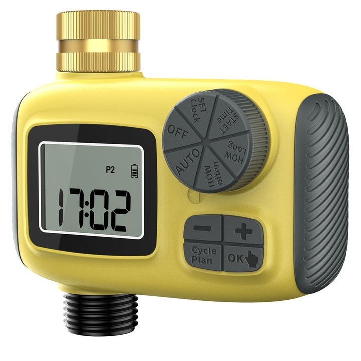Програматор за напояване/поливане, BOMSTOM, LCD дисплей, със сензор за дъжд, IP65, с 3 отделни програми за поливане, автоматичен електронен таймер за поливане на трева, морава, вътрешен двор, жълт