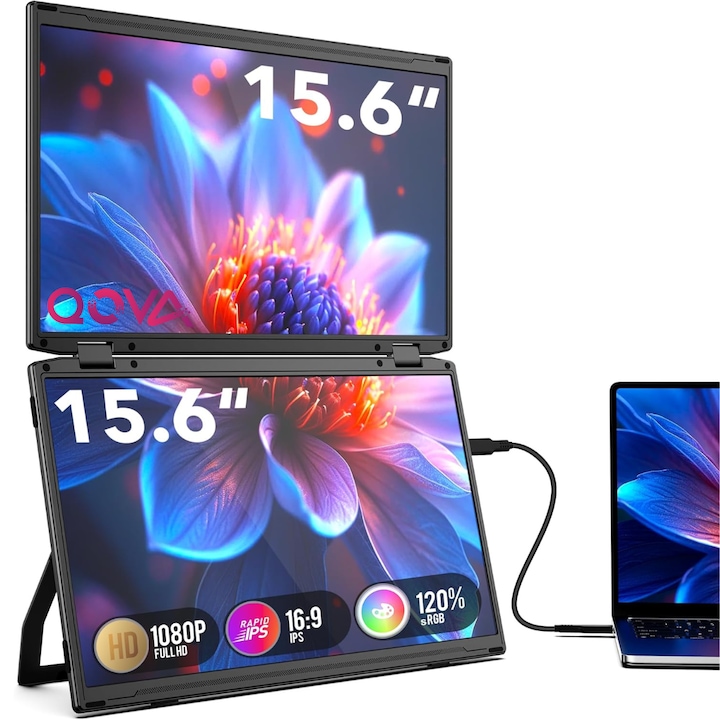 Сгъваем и преносим двоен монитор 15.6" FHD за лаптоп, Qova® – Разширяем IPS екран 1080p, 330° въртене, USB-C & HDMI, разширителен екран за лаптоп, бързо зареждане 65W, вертикален и хоризонтален режим, съвместим с Windows, Mac, Android, PS4/5, Plug & Play