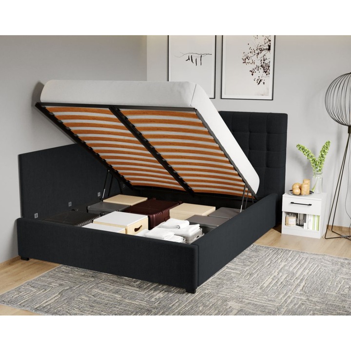 Pat Tapitat de colt, Rivo cu Somiera Rabatabila si lada, 140x200, Negru/Falcone 14