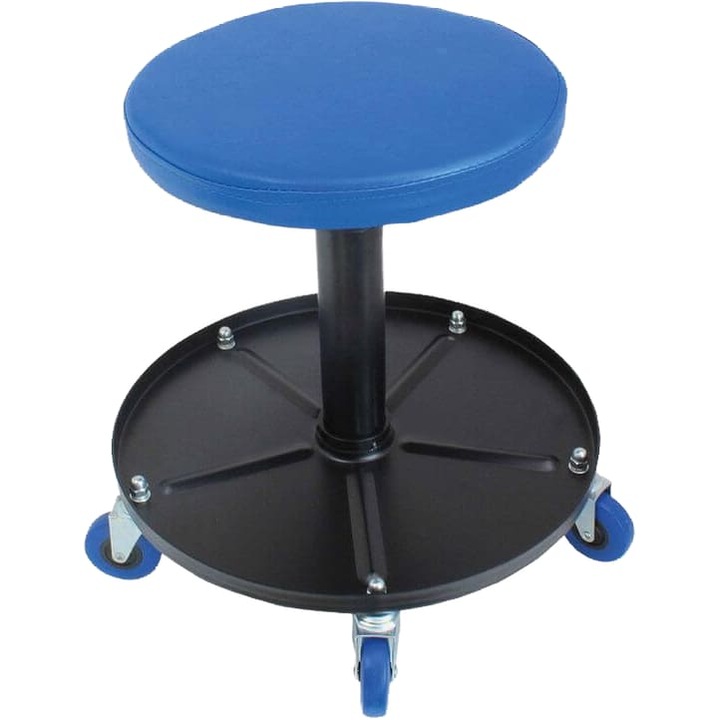Стол за работа, меко тапициран и регулируем, висока стабилност, 4 колела, Ø 60 мм, профилиран рафт за събиране на винтове и малки предмети, чекмедже под седалката, 455 мм x 555 мм, 1 брой