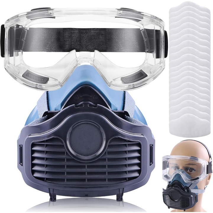 Set masca de protectie, WALALLA, reutilizabila, cu ochelari de protectie, filtrare eficienta, albastru inchis, universal