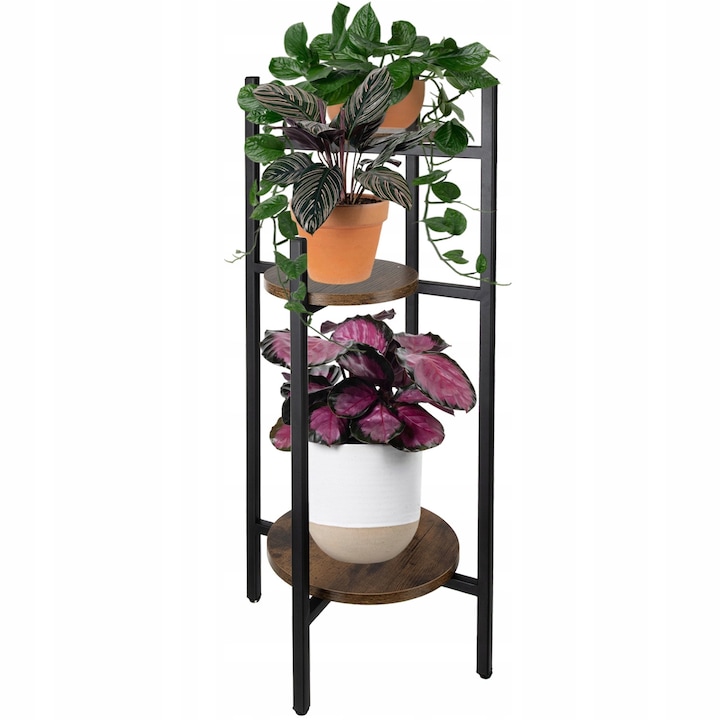 Zola Fém virágtartó állvány, 3 MDF polccal, maximális teherbírás 45 kg, 81 x 27 x 27 cm, fekete/barna