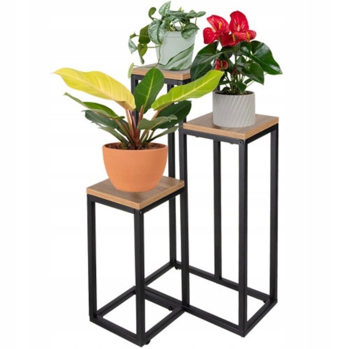 Fém virágtartó állvány, Zola, 3 négyzet alakú MDF polccal, maximális teherbírás 45 kg, 67 x 34,5 x 34,5 cm, fekete/barna