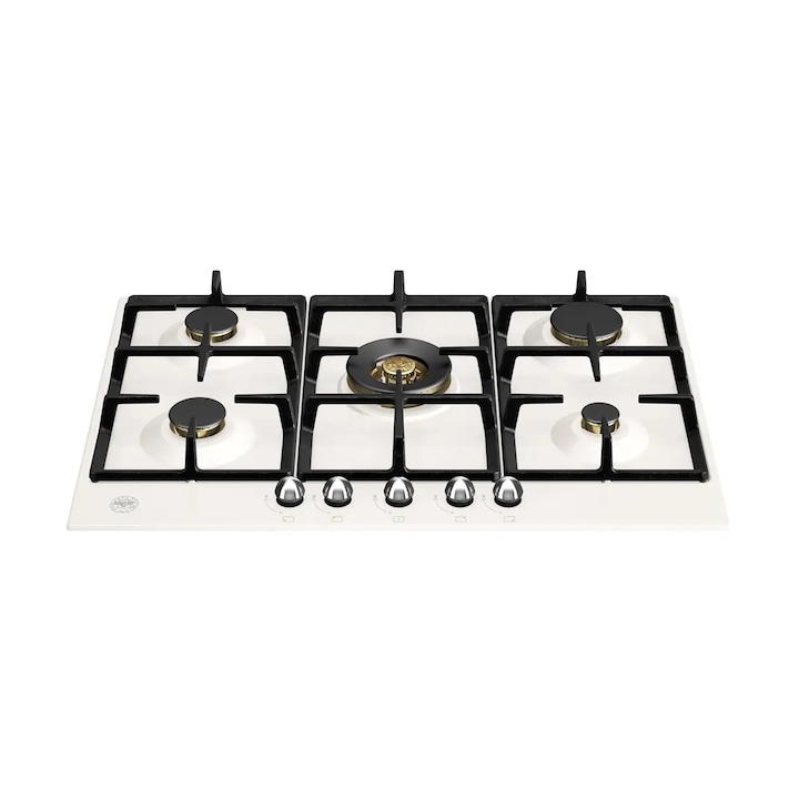 Вграден газов котлон Bertazzoni, 75 см, 5 горелки, колекция Heritage, електрическо запалване, ротационни превключватели, предпазен стоп, материал чугун и закалено стъкло, гланцово покритие, лесен за почистване, премиум дизайн, бял