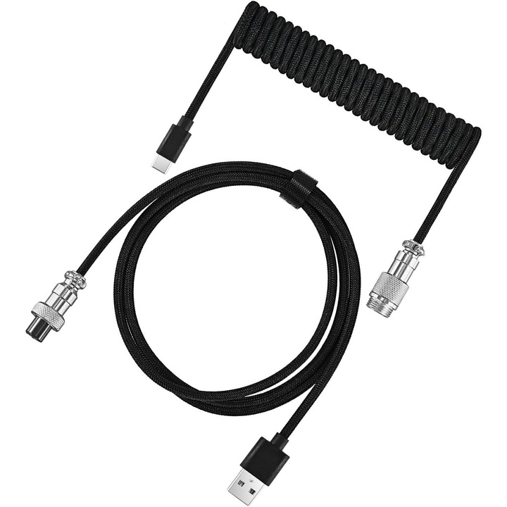 Cablu Coiled Impletit 1.8m pentru Tastatura Gaming, PsAyl®, Tip-C la USB-A, cu Conector Aviator Detasabil Premium, Durabil si Compatibil cu Tastaturi si Tablete, Negru