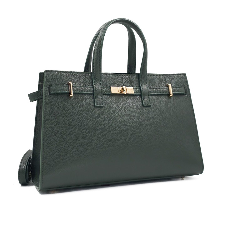 Poseta Piele Celina - Geanta Office din Piele Naturala, Geanta, Gendwqfti, Verde, 37.5x14x24 cm