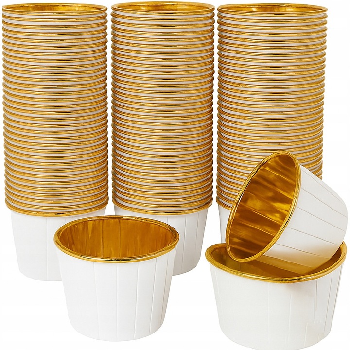 Комплект от 100 форми за печене на мъфини и кексчета, 50x40 мм, изработени от хартия и алуминий, устойчиви, бяло-златисти