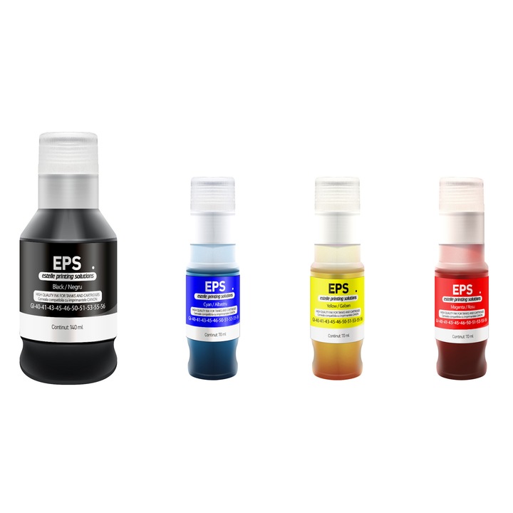 Set de 4 culori cerneala Canon GI-40, GI-41, GI-43, GI-45, GI-46, GI-50, GI-51, GI-53, GI-55, GI-56, Pixma, Maxify, cu picurator, 140ml black/negru + 3x70 ml cyan/albastru, magenta/rosu, yellow/galben, EPS (Estelle Printing Solutions)