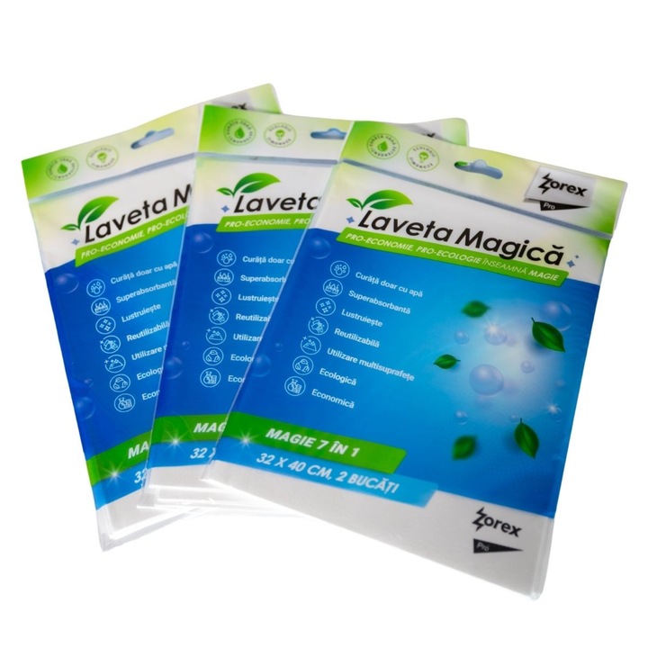 Set 3 × Laveta Magica Zorex, Magie 7 in 1, 6 buc, dimensiuni 32×40 cm