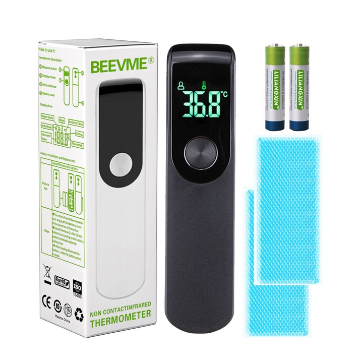 Termometru pentru copii, termometru cu infrarosu, precizie ridicata, nivel medical, pentru uz casnic, fara contact, afisaj LED, alarma sonora, multifunctional si portabil, include 2 Plasturi racoritori cu hidrogele, 2 baterii, Negru