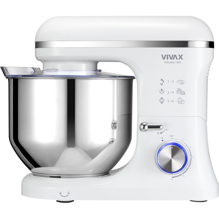 Robot mixer Vivax RM-71800WH, 1800 W, 6 Viteze + Turbo, 4 Accesorii, Bol otel inoxidabil, Alb/Argintiu