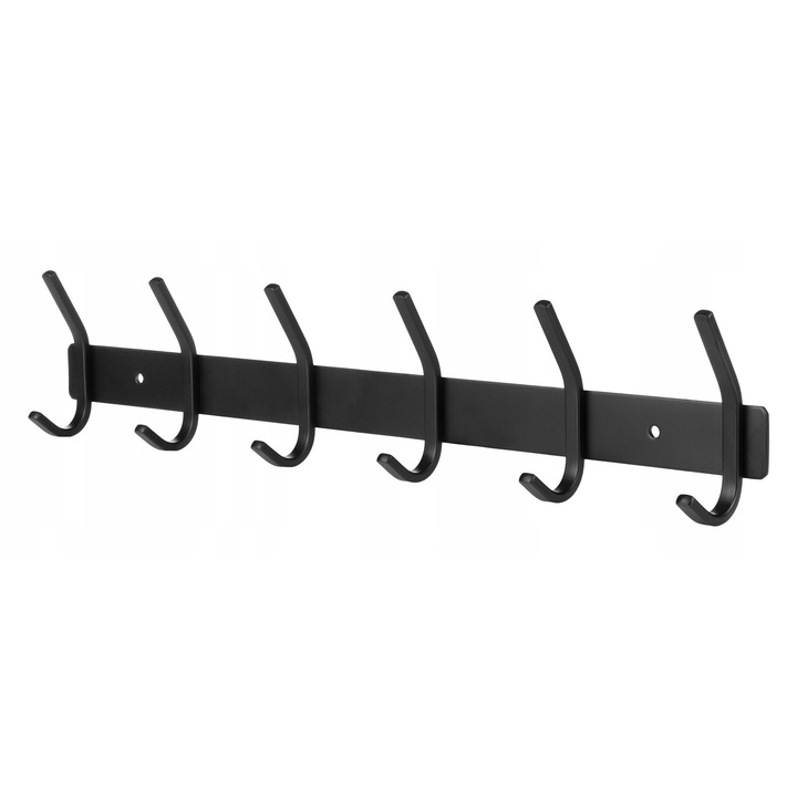 Suport De Perete Cu 6 Carlige, TMY, Hk-16C-1-Pack, Negru Mat, 8.5x46x4 cm, Metal, Capacitate Maxima De 15 kg, Montaj Simplu, Sistem De Prindere Universal