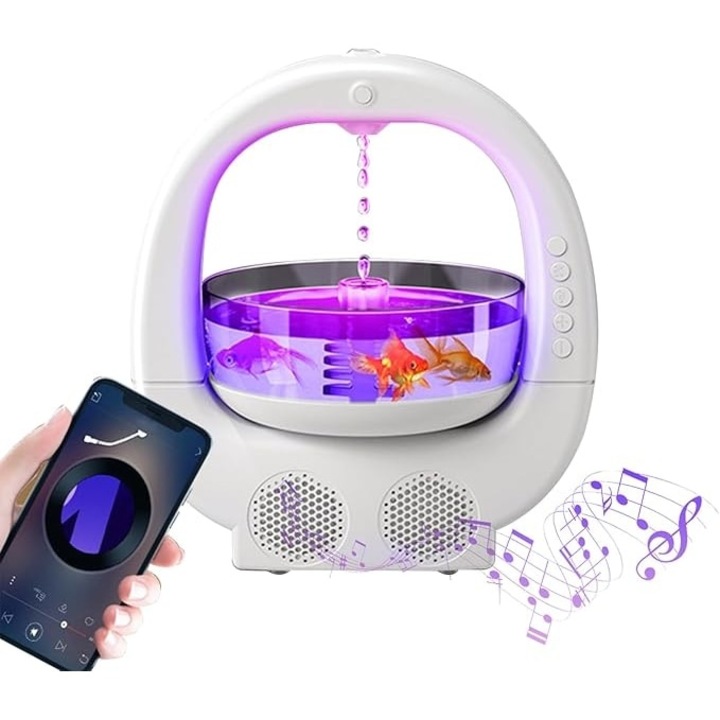 Multifunkcionális párásító, akváriummal, vízcsepp funkcióval, bluetooth hangszóróval, 6 RGB színnel, 700 ml űrtartalommal, méretek 23 x 25,6 x 16,2 cm, ABS-ből, fehér