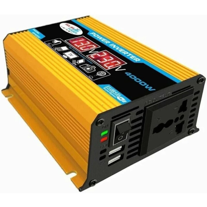 Invertor auto 4000W, 12V-220V, cu afisaj dual si porturi USB, dimensiuni compacte