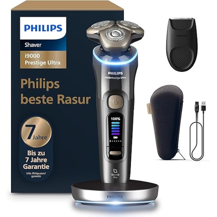 Мъжка самобръсначка Philips i9000 Prestige Ultra Wet & Dry, тъмносива, със сензор за натиск и движение, тримерна глава, зарядна станция и калъф за носене (модел XP9402/11)