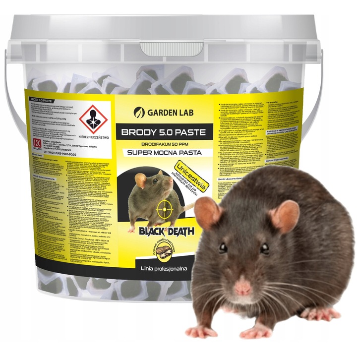 Pasta Pentru Combaterea Rozatoarelor, Garden Lab, Brody 50, 5 kg, Substanta Activa Brodifacoum 0, 005 G/100 G, Forma Pasta, Utilizare Soareci, Sobolani Si Alte Rozatoare, Dozare 40 G Pe Statia De Deratizare