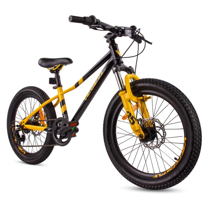 Bicicleta pentru copii, Sun Baby, Verdant Calix, MTB, 6 viteze, cadru din otel, Shimano Tourney TY21, cadru 10, 20 inch, 5-8 ani, Negru/Galben