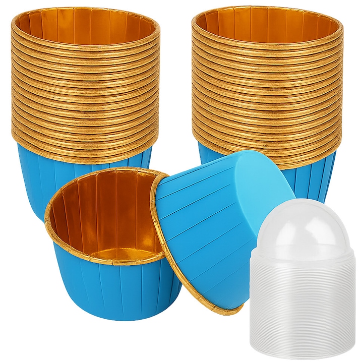 Set 50 de Forme de Copt pentru Briose si Cupcake + Capace, 50x40mm, din Hartie si Aluminiu, Rezistente, Albastru-Auriu